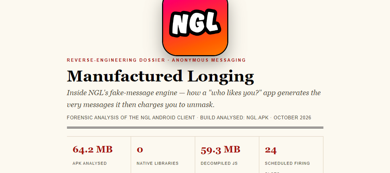 Screenshot of the NGL dossier — Manufactured Longing: inside NGL's fake-message engine